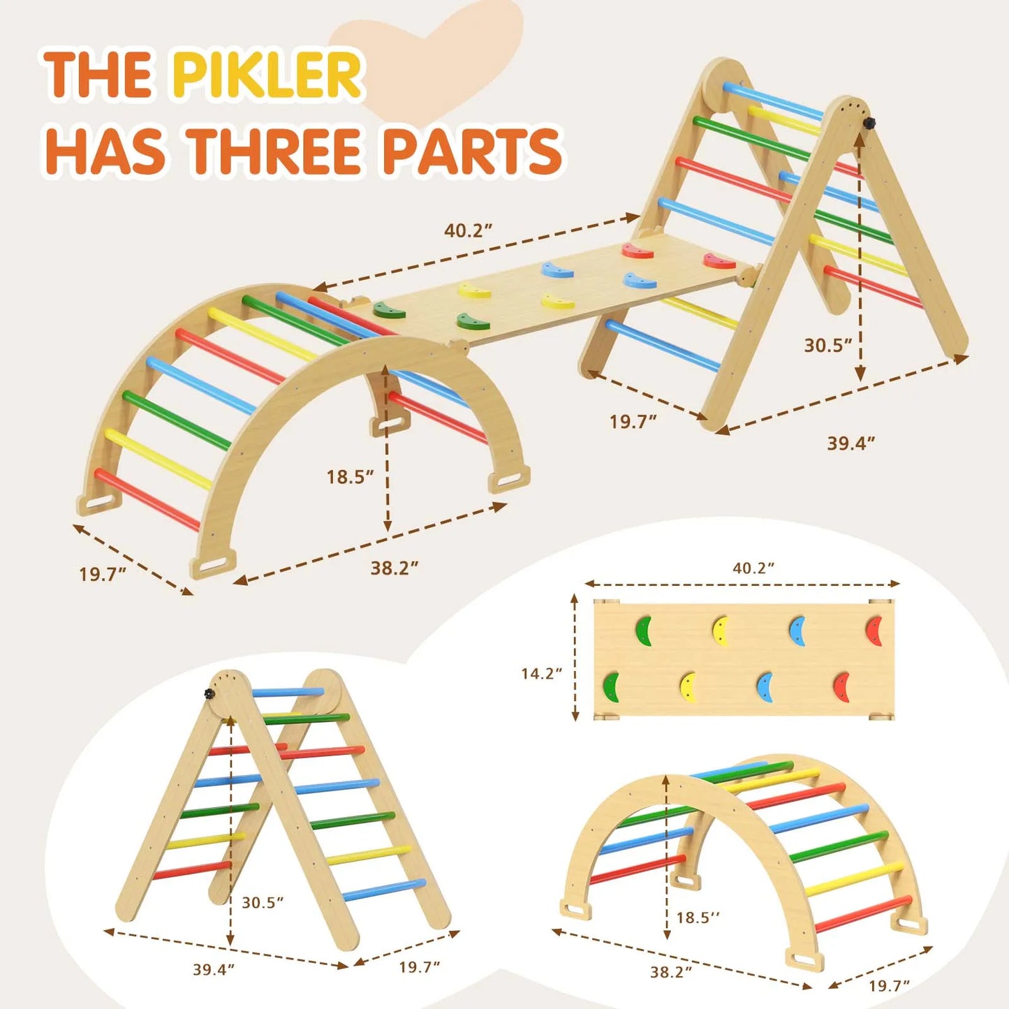 Natural Wood Pikler Triangle Set 5 In 1 Safe Toddler Play