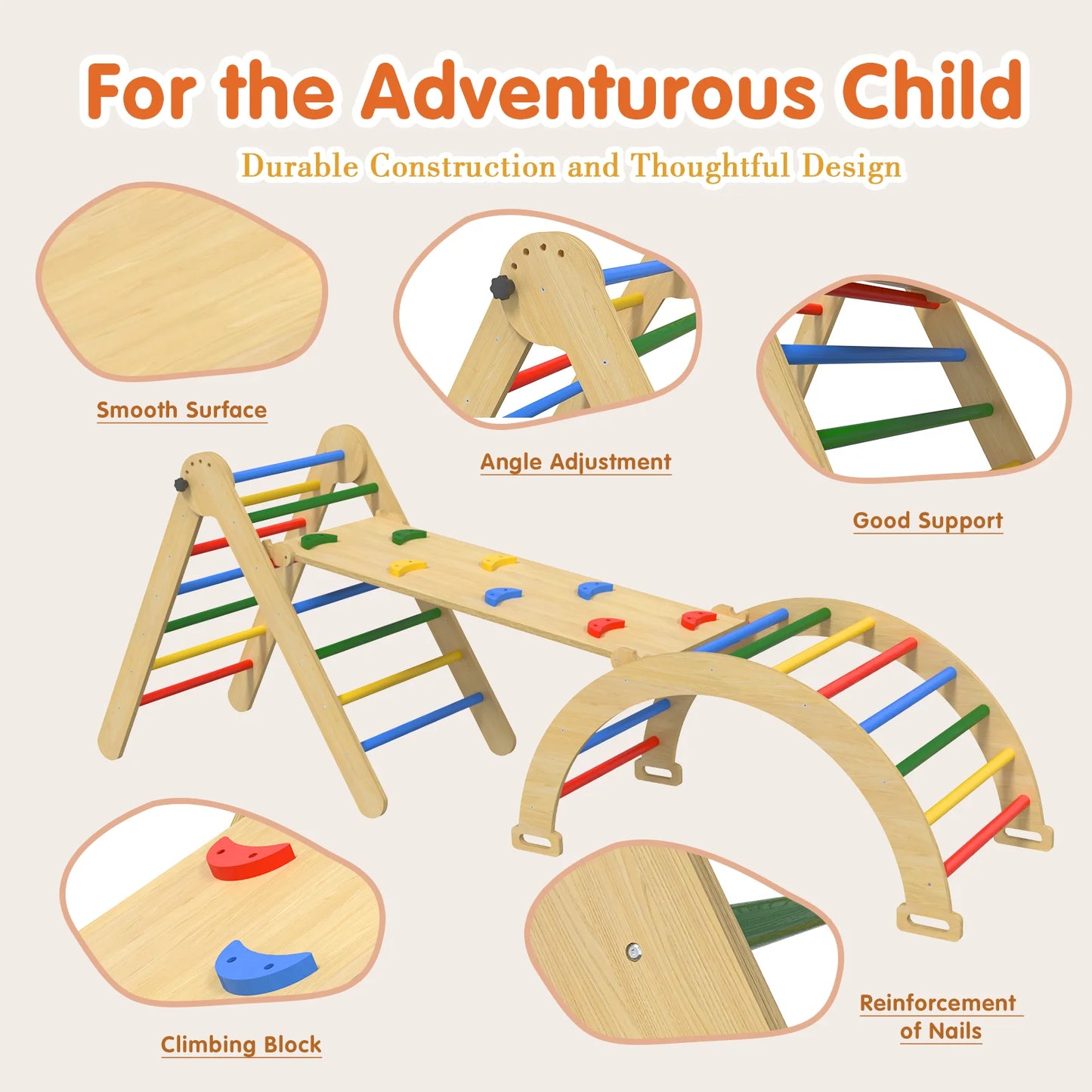 Natural Wood Pikler Triangle Set 5 In 1 Safe Toddler Play