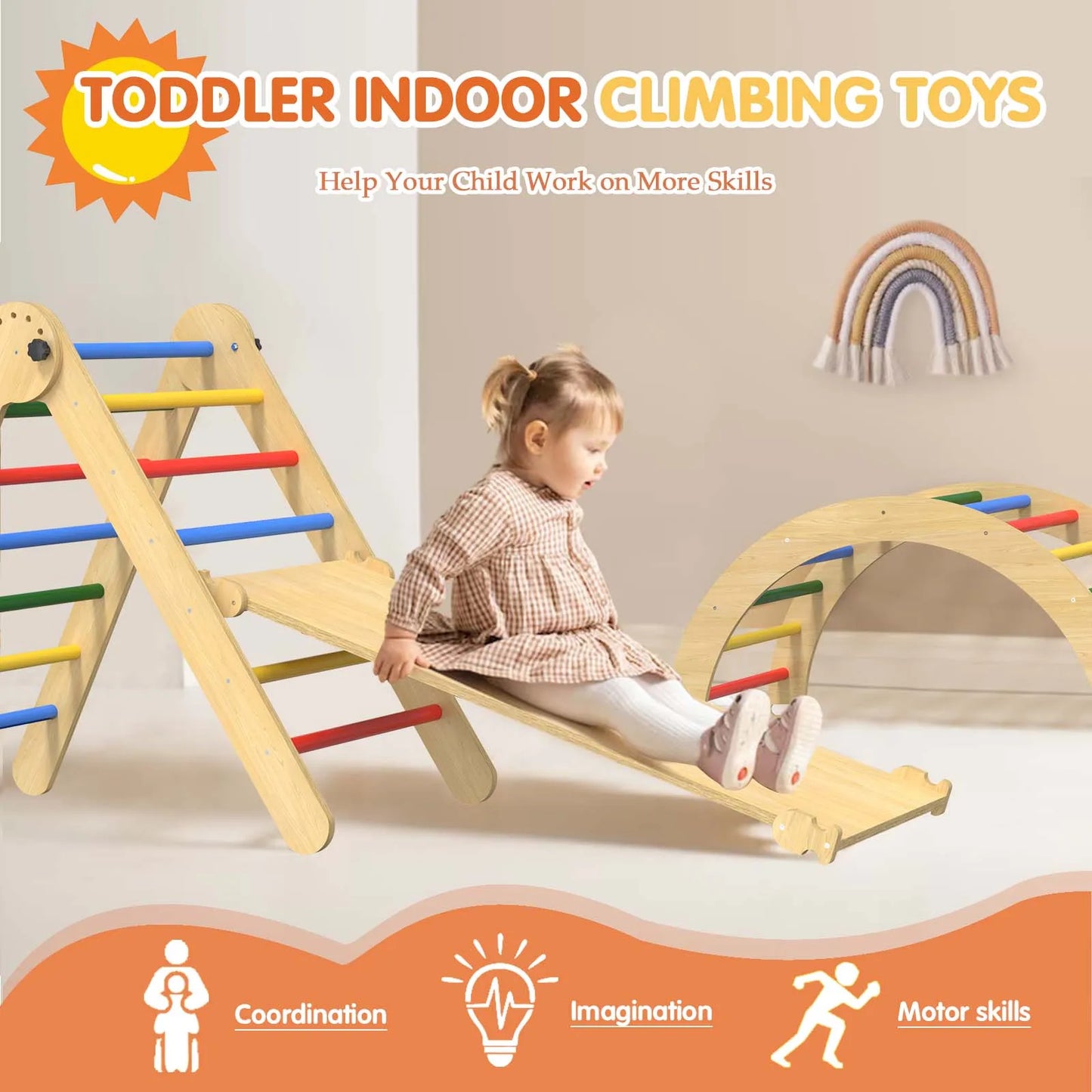 Natural Wood Pikler Triangle Set 5 In 1 Safe Toddler Play