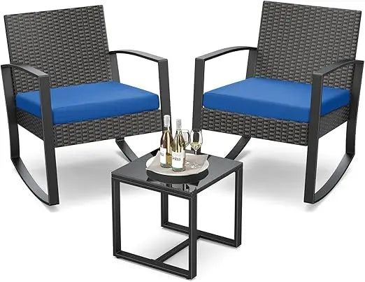 Three Piece Outdoor Rattan Rocking Bistro Set With Coffee Table