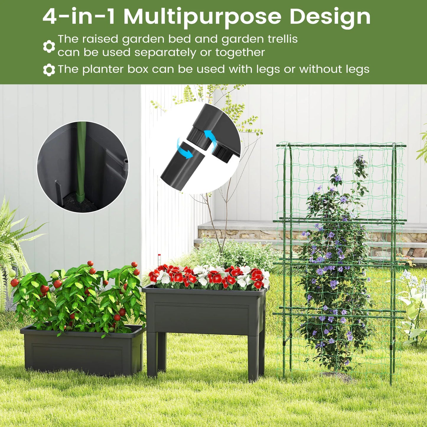 Raised Garden Bed Planter With Trellis Water Level Indicator