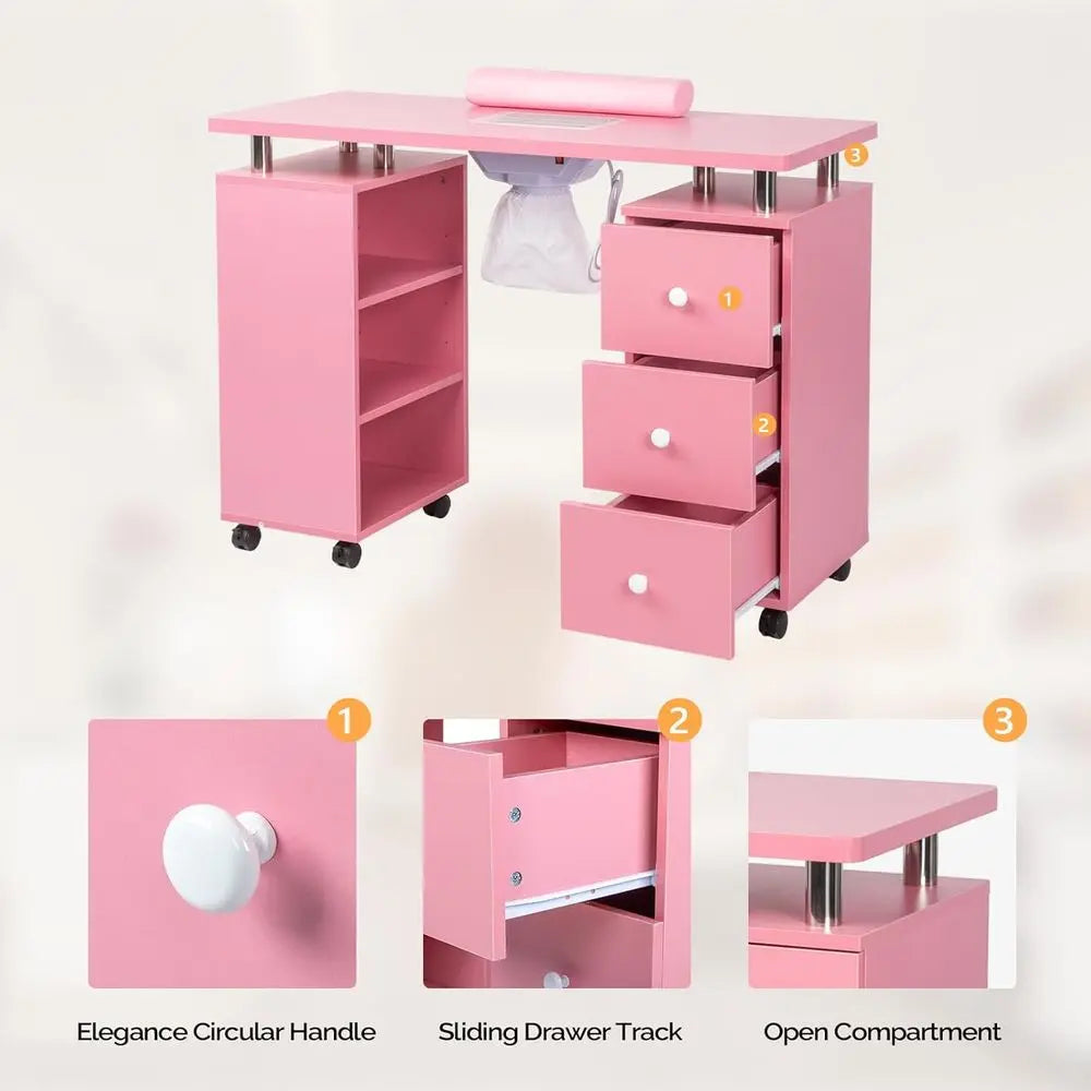 Nail Technician Desk With Electric Downdraft Storage and Lockable Wheels