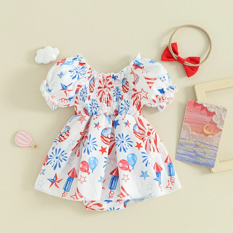 Independence Day Baby Romper Dress With Star Print And Balloon Design