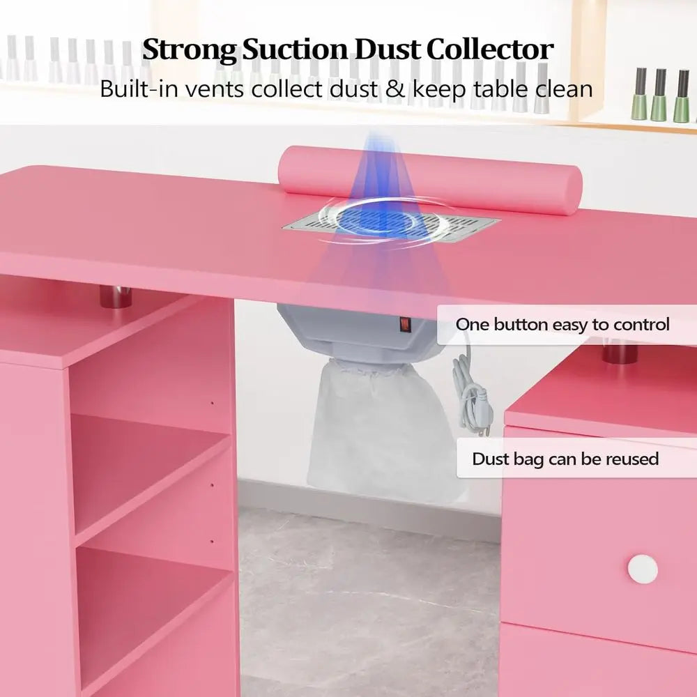 Nail Technician Desk With Electric Downdraft Storage and Lockable Wheels
