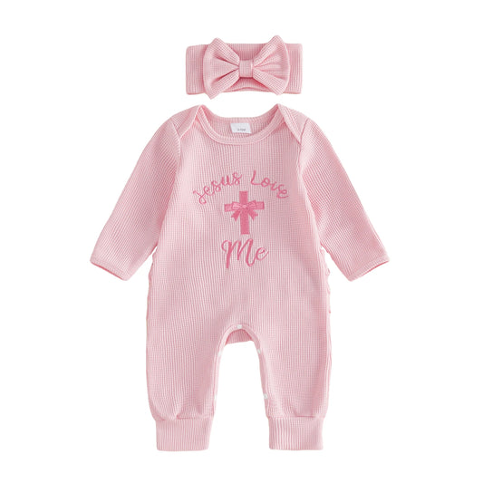 Baby Girls Easter Romper With Bunny Embroidery And Bow Headband