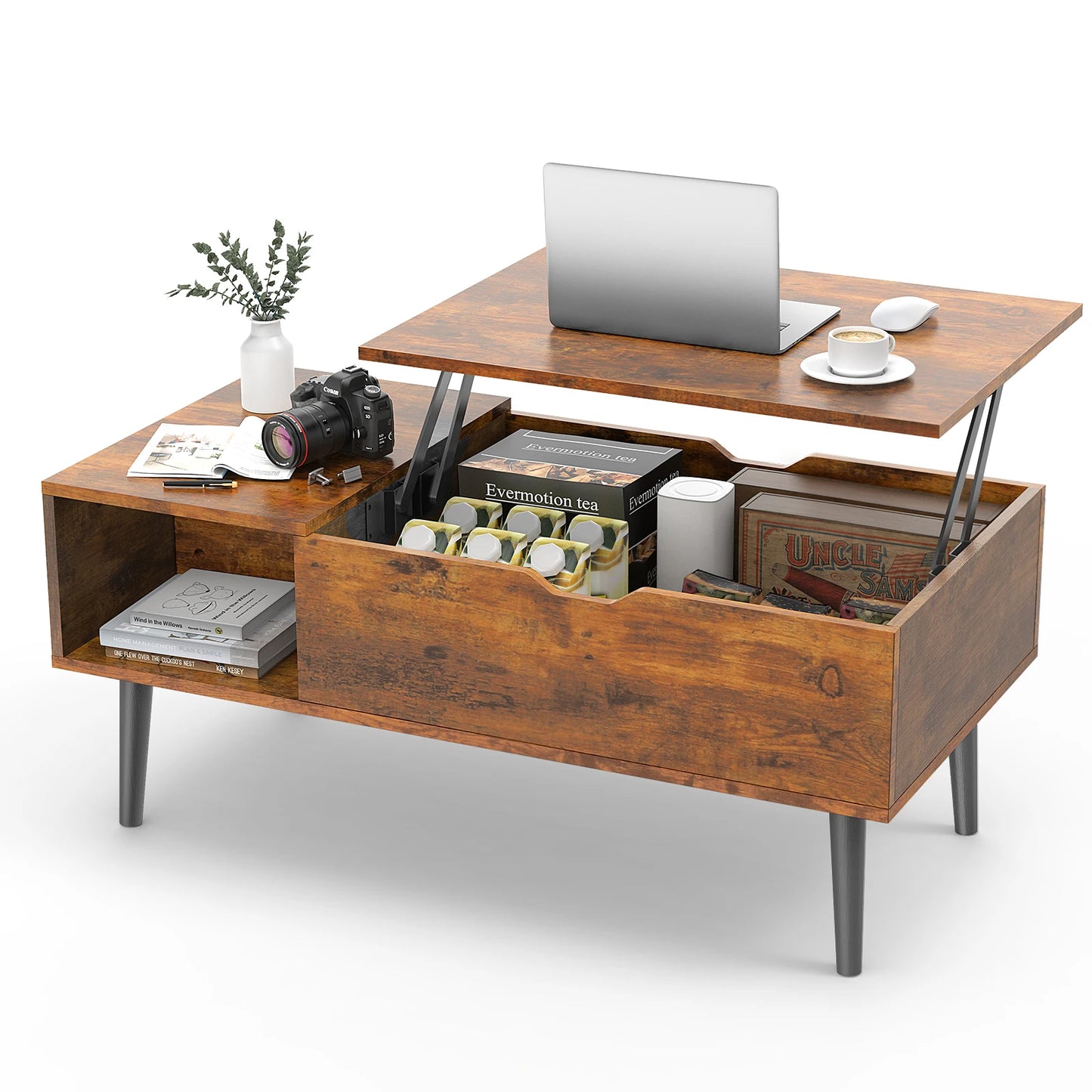 JHK Lift Top Coffee Table With Storage Shelf Living Room