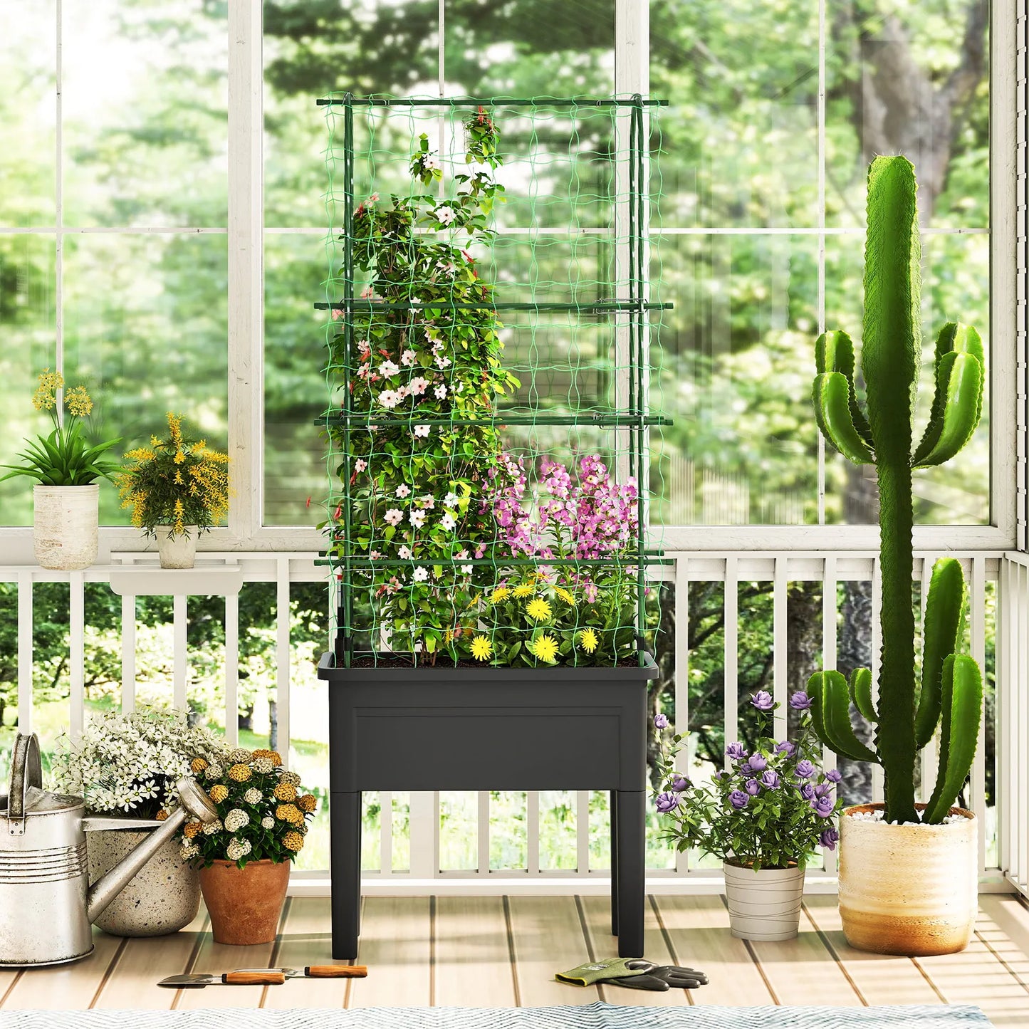 Raised Garden Bed Planter With Trellis Water Level Indicator