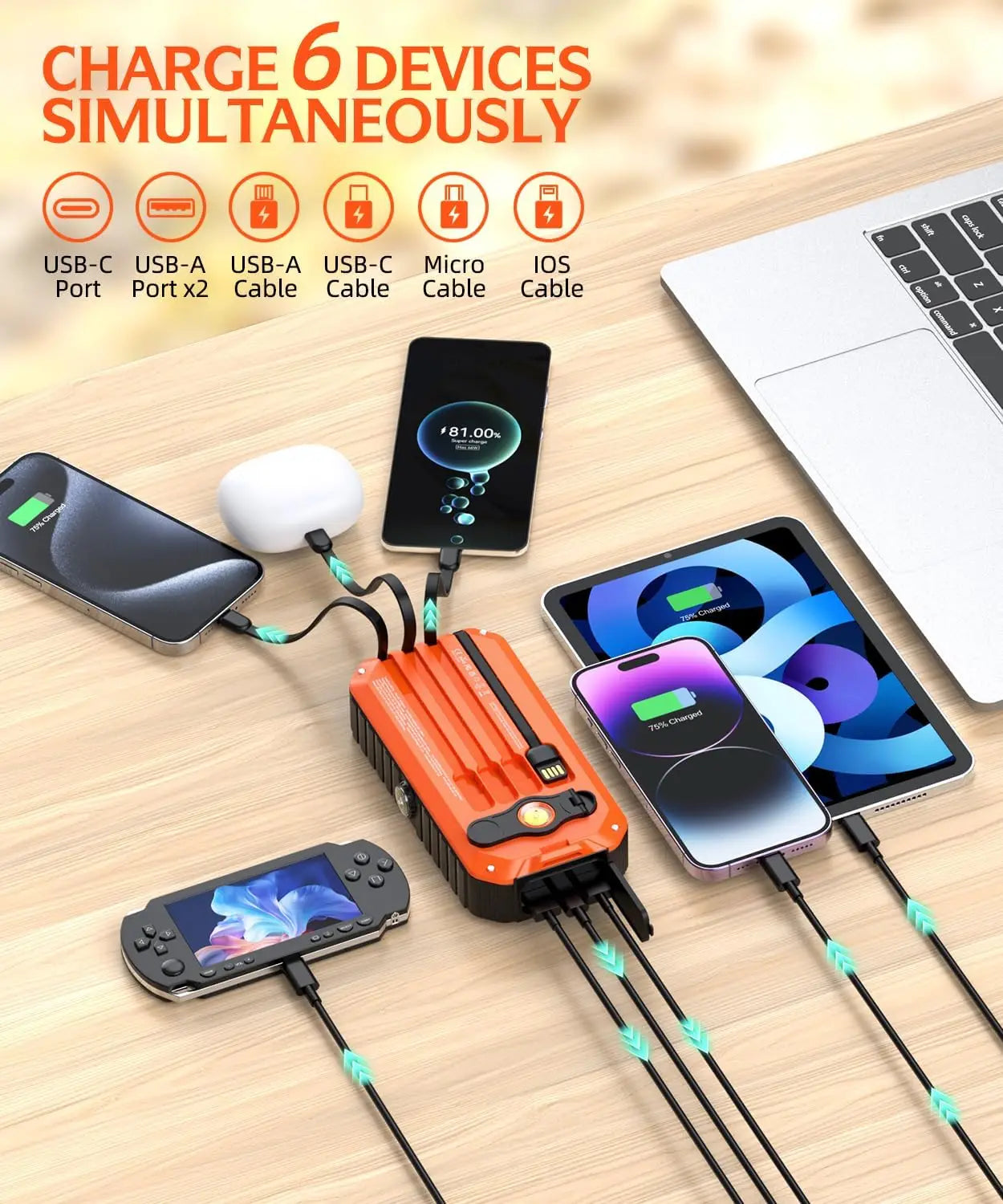 Solar Hand Crank Power Bank With Built Cables And Flashlight