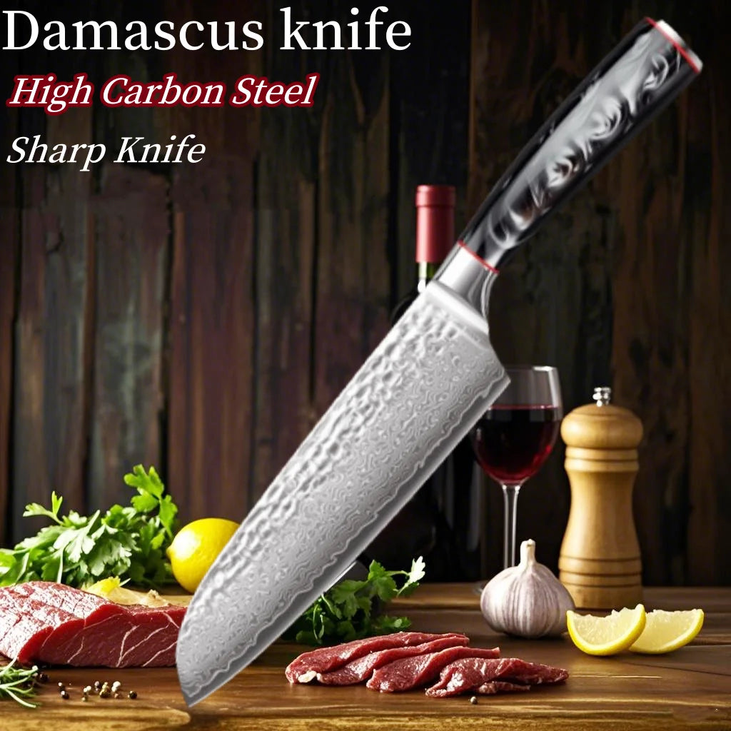 Woodpow Damascus Santoku Knife With G10 Handle For Kitchen Prep