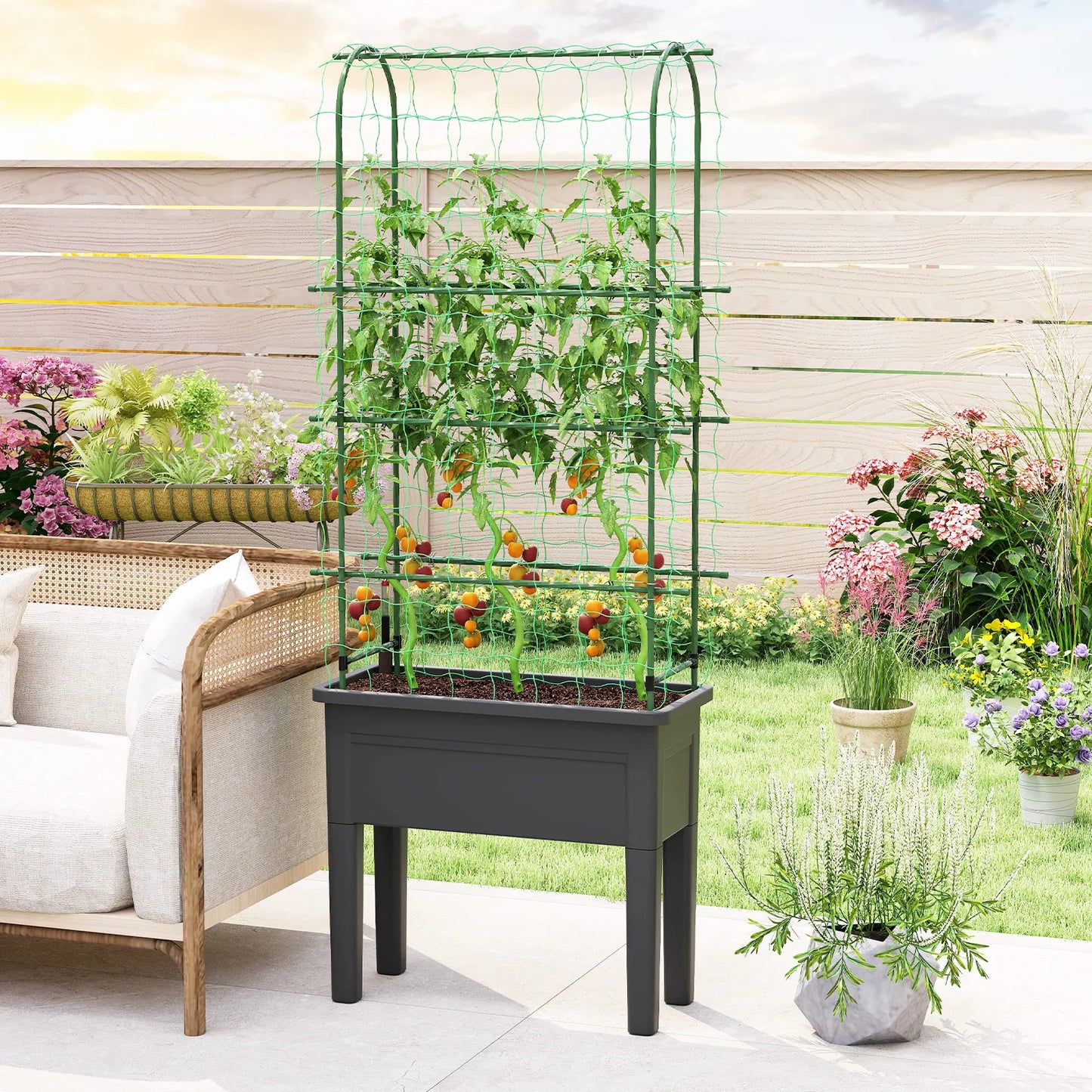 Raised Garden Bed Planter With Trellis Water Level Indicator