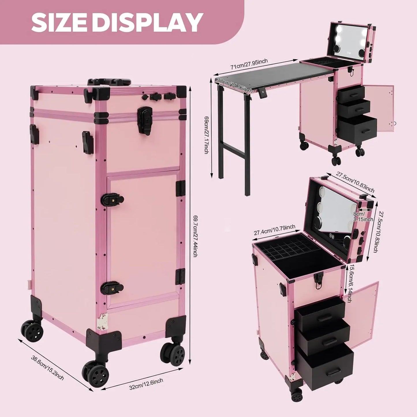 Portable Rolling Manicure Table With Foldable Travel Desk And Storage
