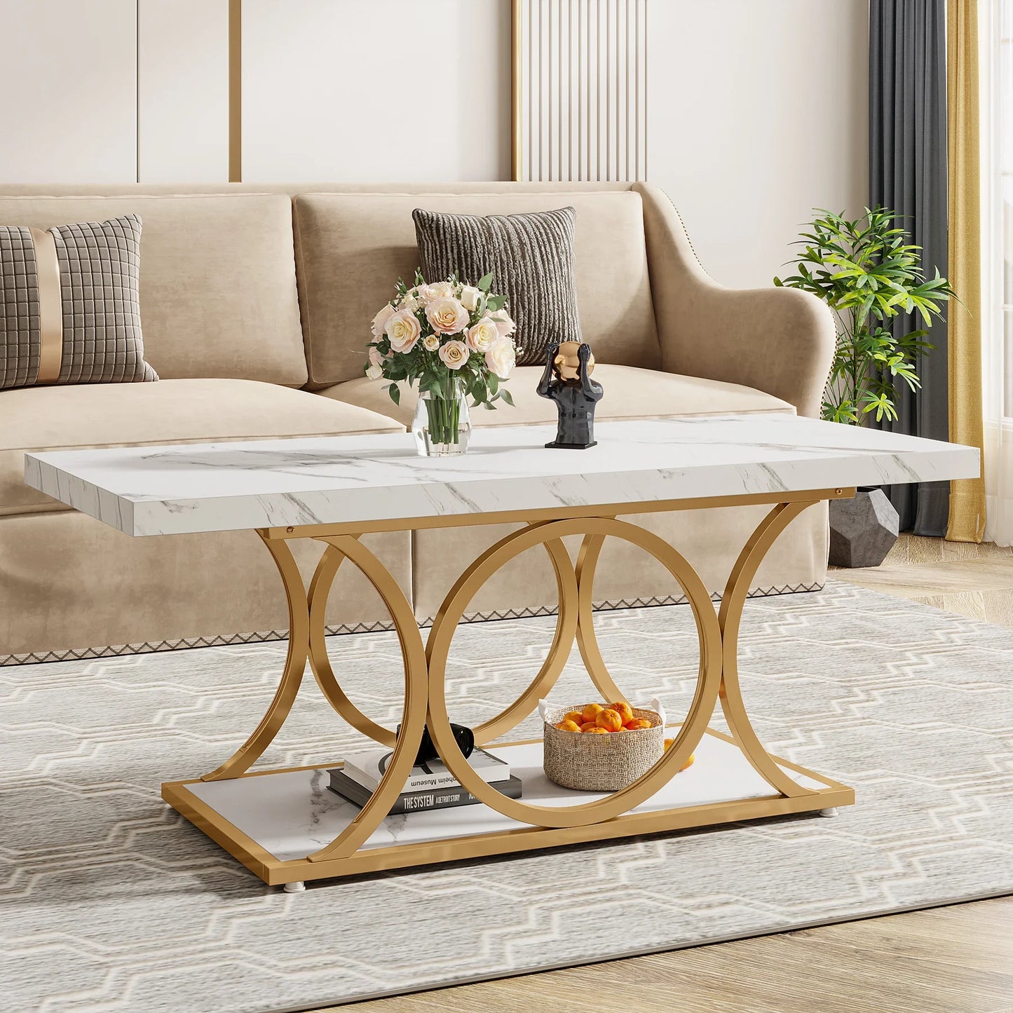 Tribesigns Rectangle Coffee Table 2-Tier Faux Marble Wood