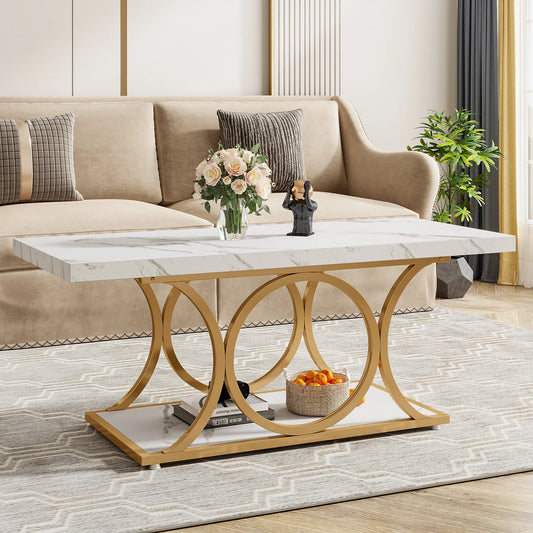 Tribesigns Rectangle Coffee Table 2-Tier Faux Marble Wood