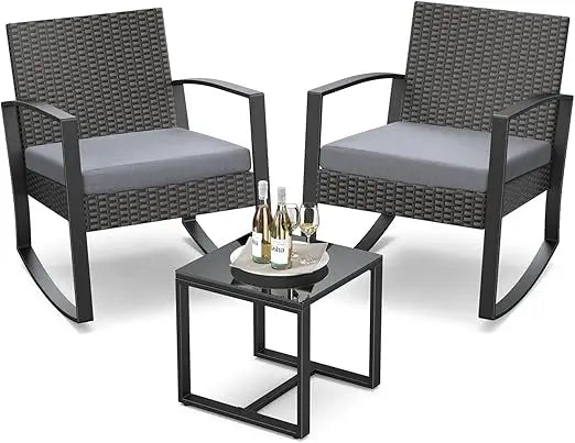 Three Piece Outdoor Rattan Rocking Bistro Set With Coffee Table