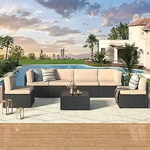 UMAX 7 Piece Outdoor Patio Furniture Set PE Rattan Wicker Cushions Tea Table