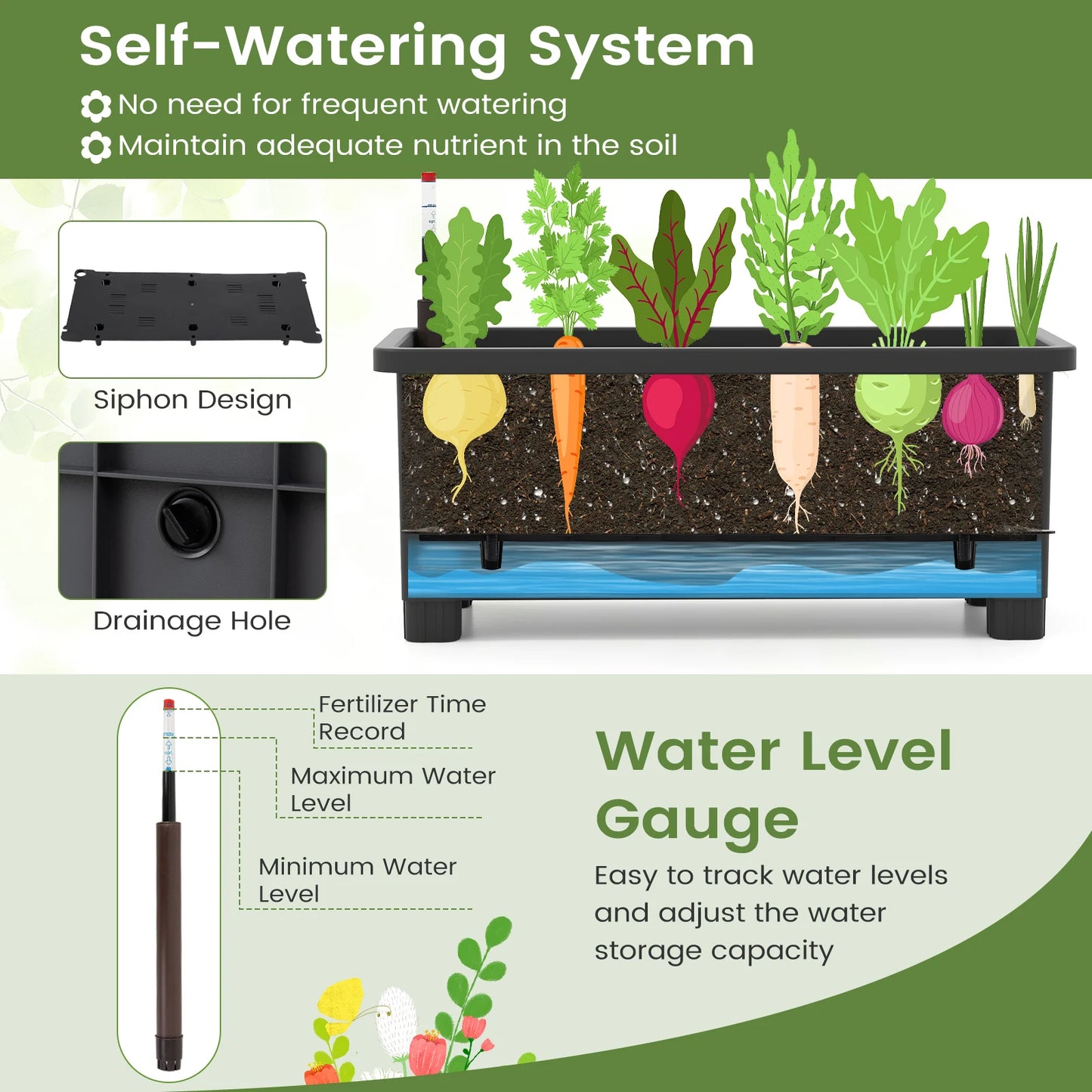 Raised Garden Bed Planter With Trellis Water Level Indicator