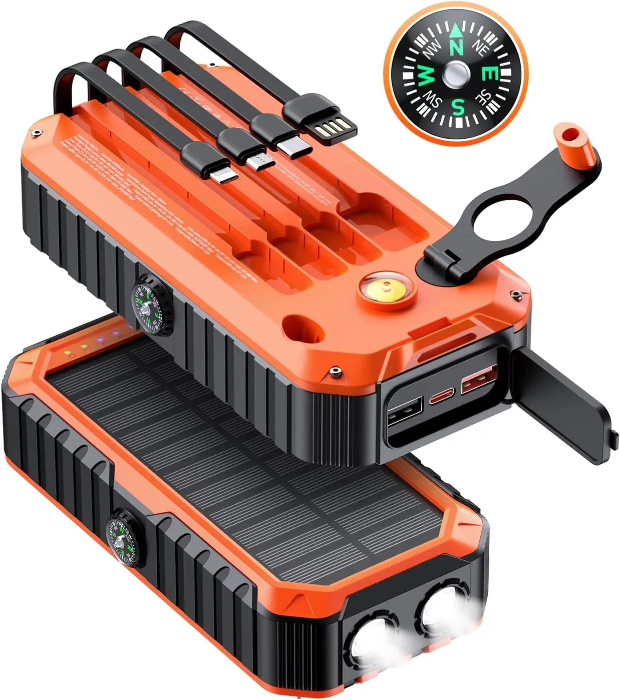 Solar Hand Crank Power Bank With Built Cables And Flashlight