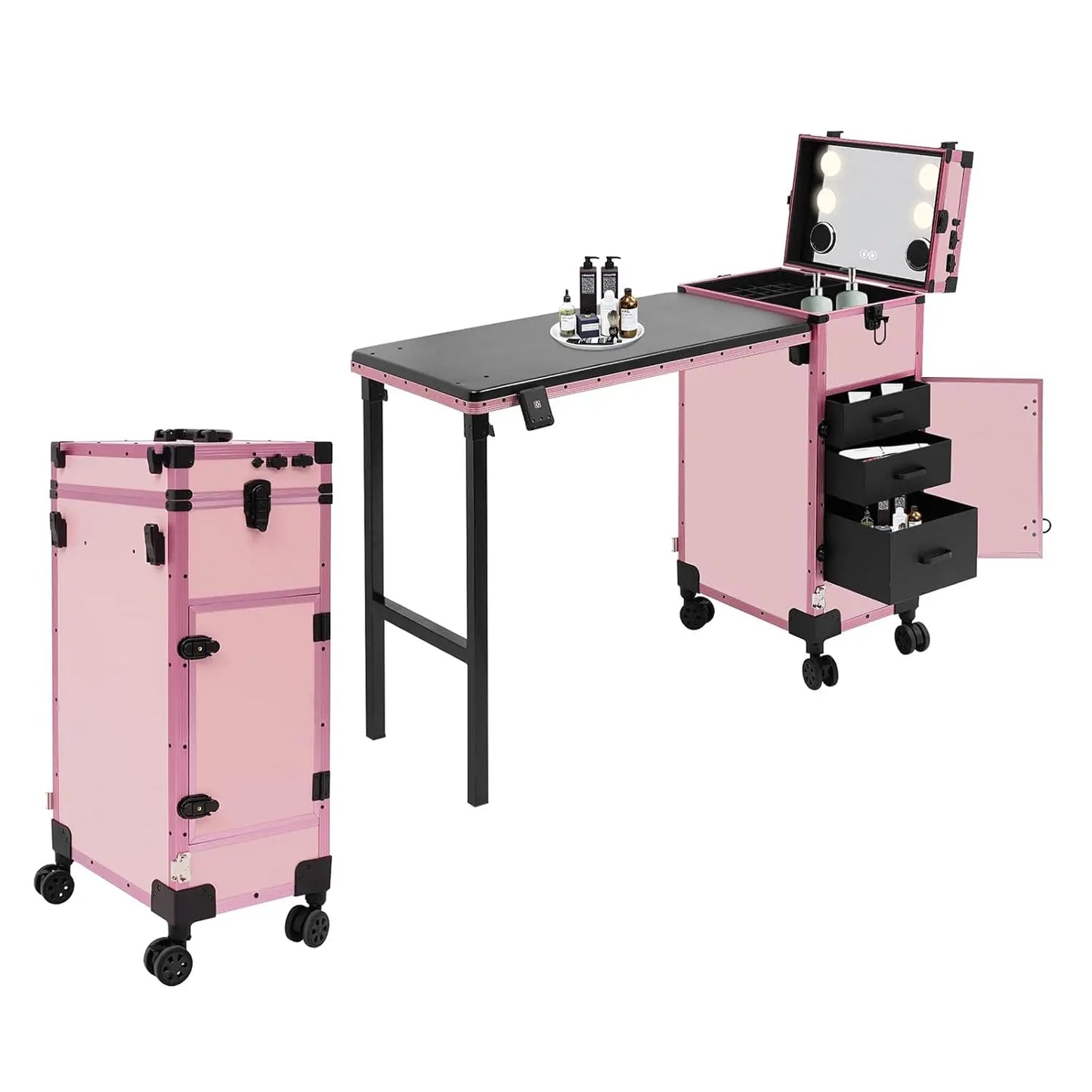 Portable Rolling Manicure Table With Foldable Travel Desk And Storage