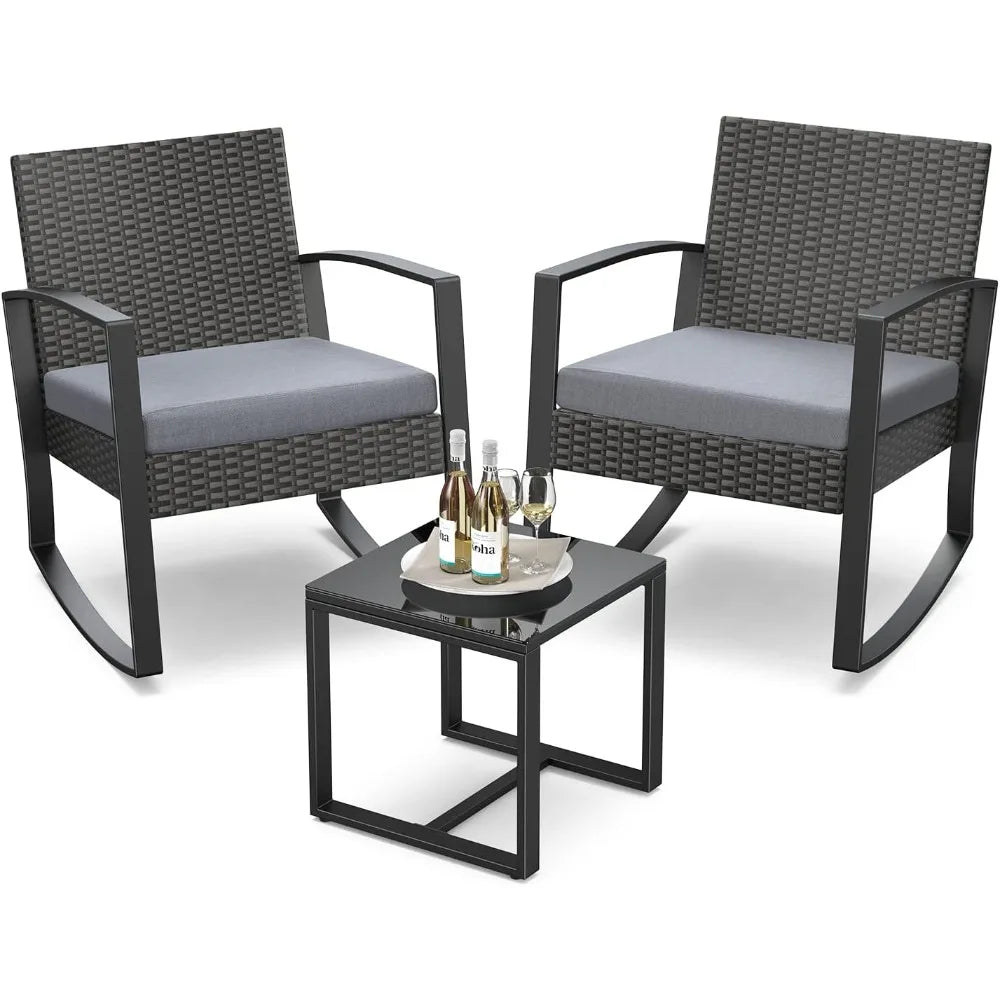 Three Piece Outdoor Rattan Rocking Bistro Set With Coffee Table