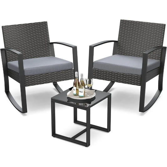 Three Piece Outdoor Rattan Rocking Bistro Set With Coffee Table