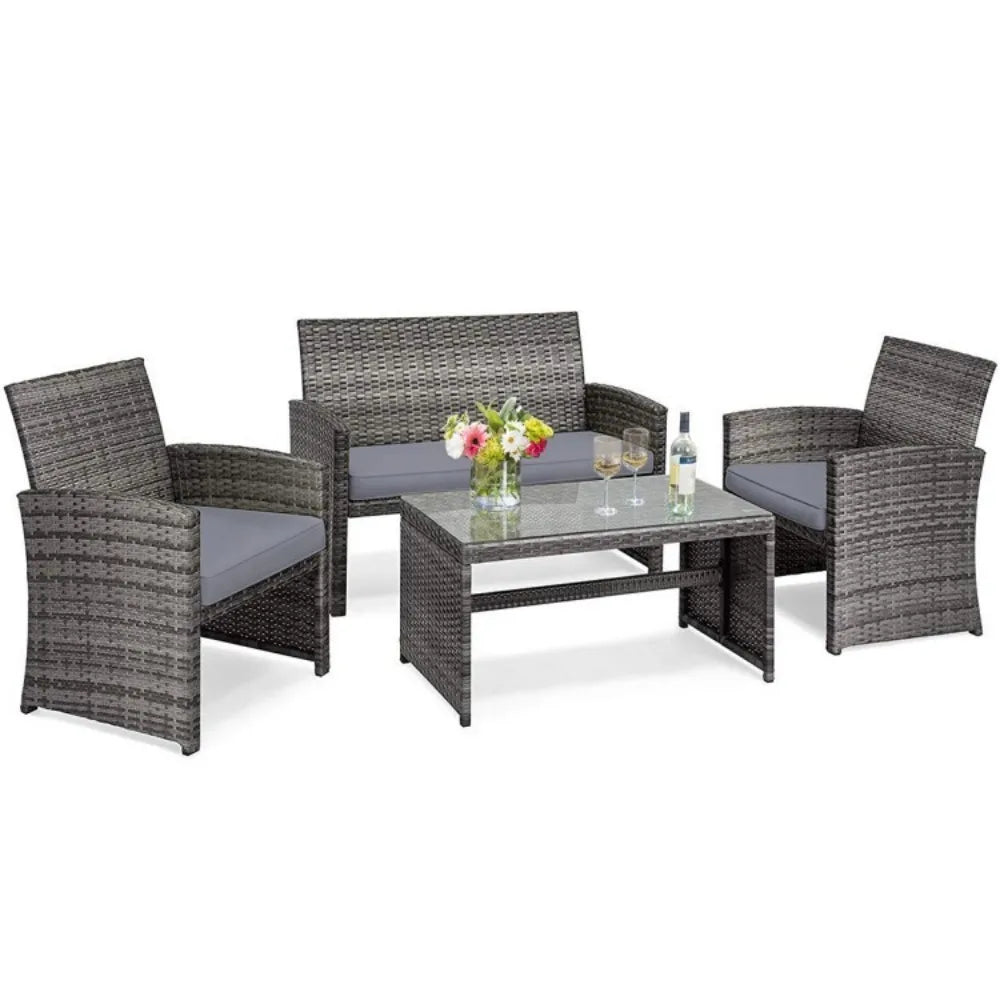Patio Outdoor Rattan Conversation Set With Glass Table And Loveseat