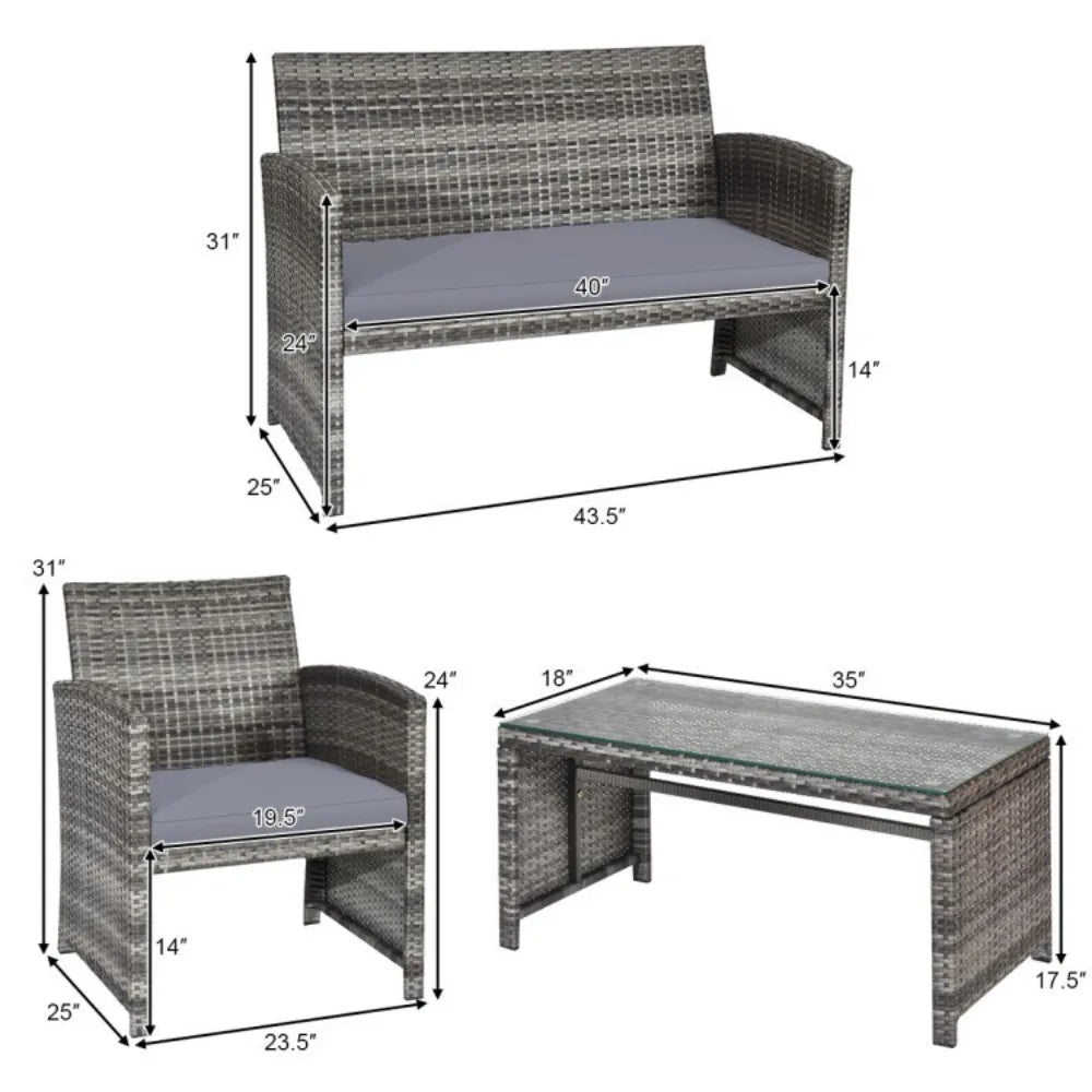 Patio Outdoor Rattan Conversation Set With Glass Table And Loveseat