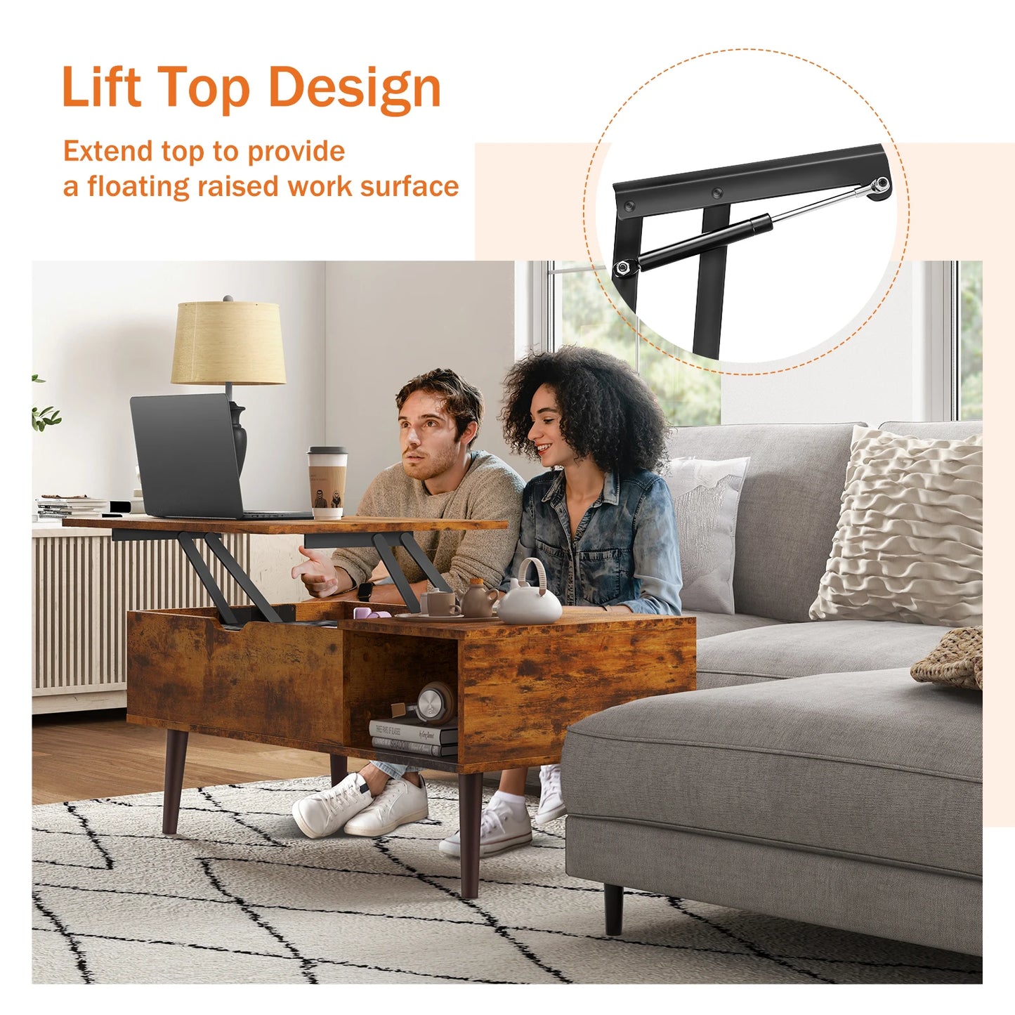 JHK Lift Top Coffee Table With Storage Shelf Living Room