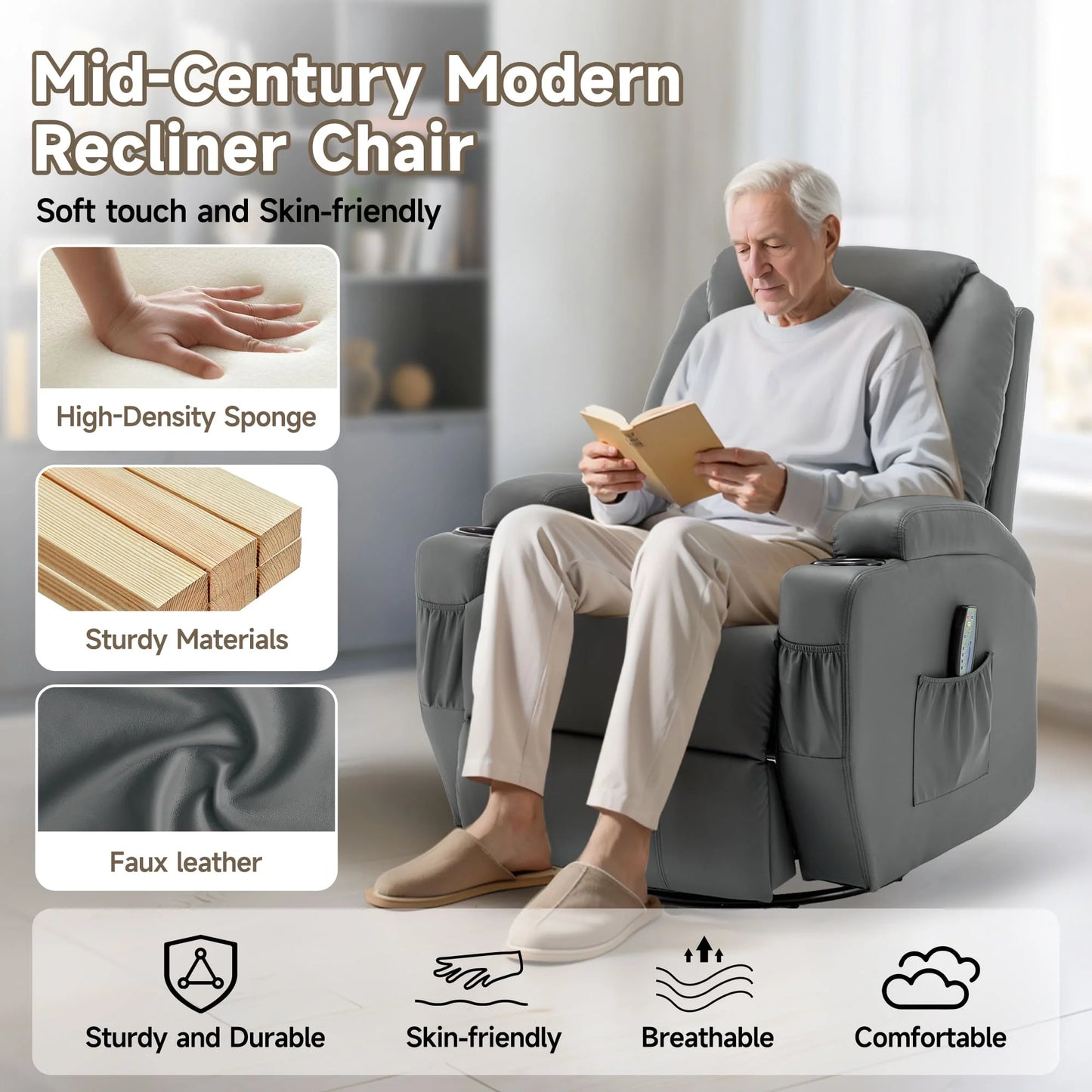 KORSER Massage Recliner Chair With Heat 360 Swivel Remote