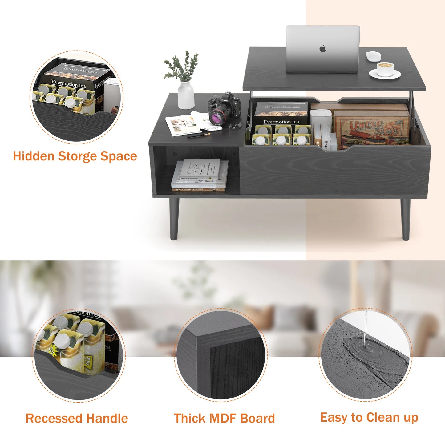 JHK Lift Top Coffee Table With Storage Shelf Living Room
