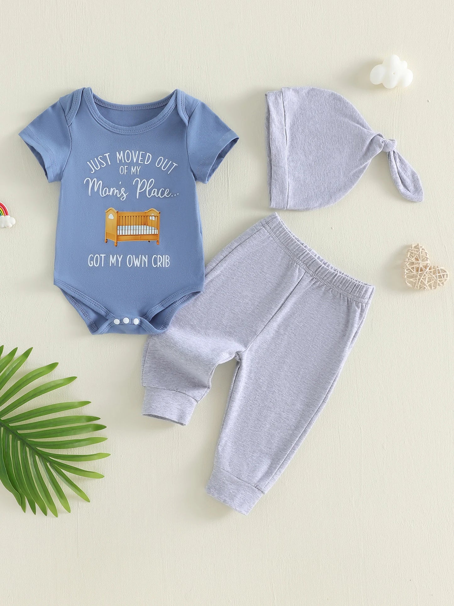 Dinosaur Print Toddler Romper Set With Matching Pants Hat