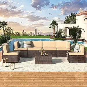 UMAX 7 Piece Outdoor Patio Furniture Set PE Rattan Wicker Cushions Tea Table