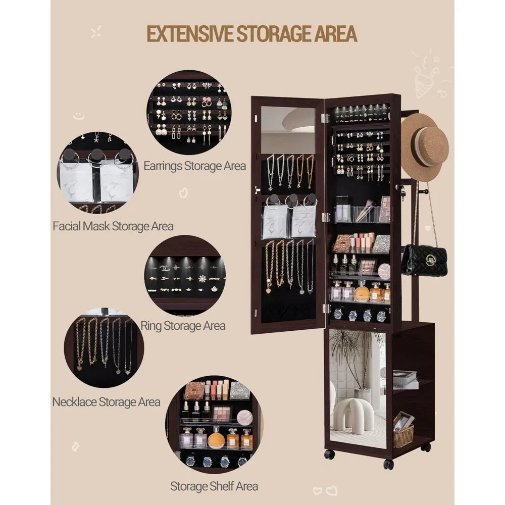 MKDK Jewelry Cabinet Armoire with Lockable LED Mirror and Wheels