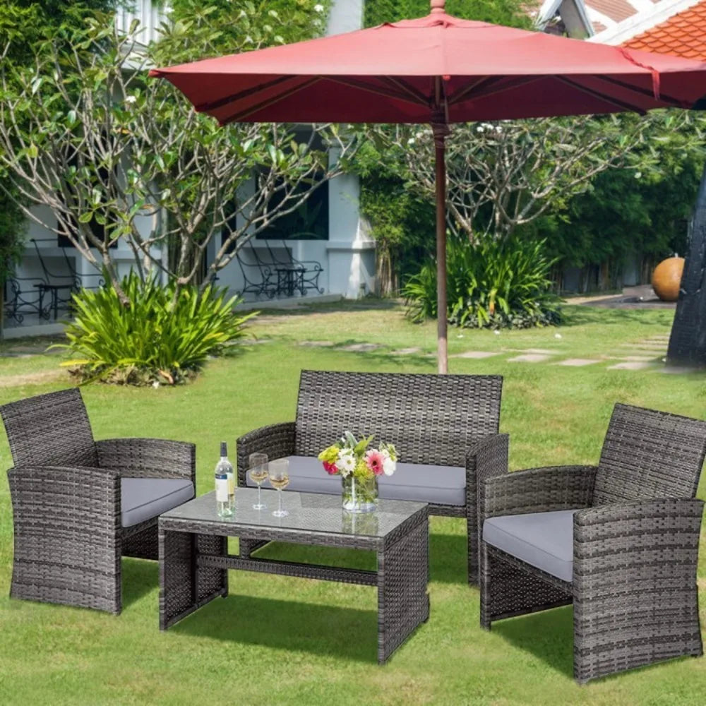Patio Outdoor Rattan Conversation Set With Glass Table And Loveseat