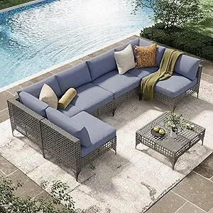 UMAX 7 Piece Outdoor Patio Furniture Set PE Rattan Wicker Cushions Tea Table