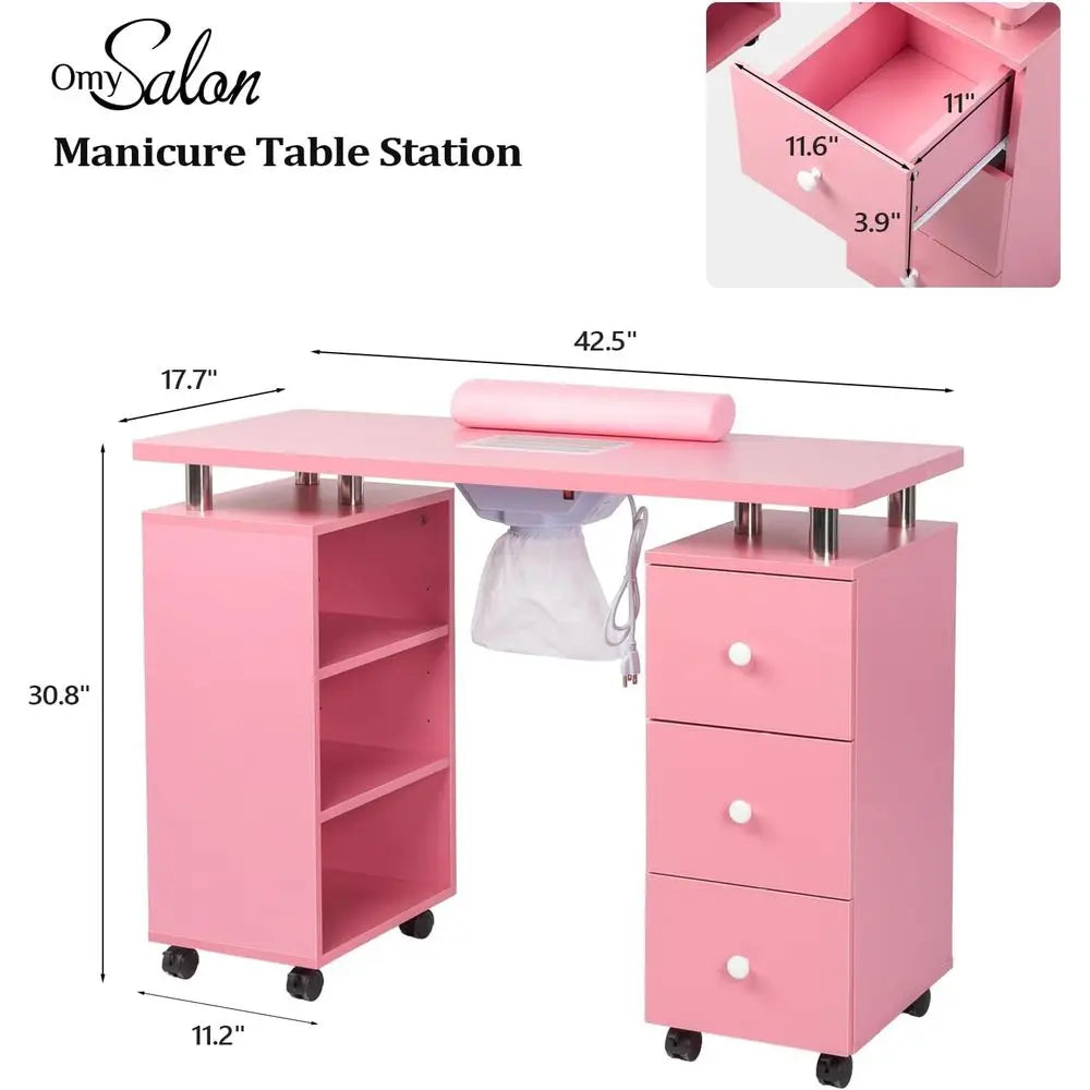 Nail Technician Desk With Electric Downdraft Storage and Lockable Wheels