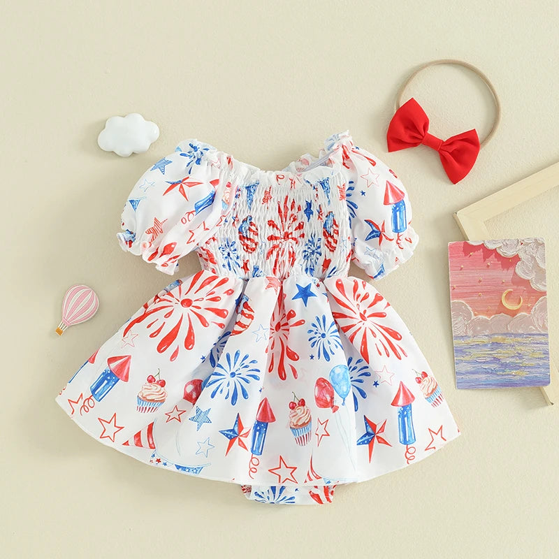Independence Day Baby Romper Dress With Star Print And Balloon Design