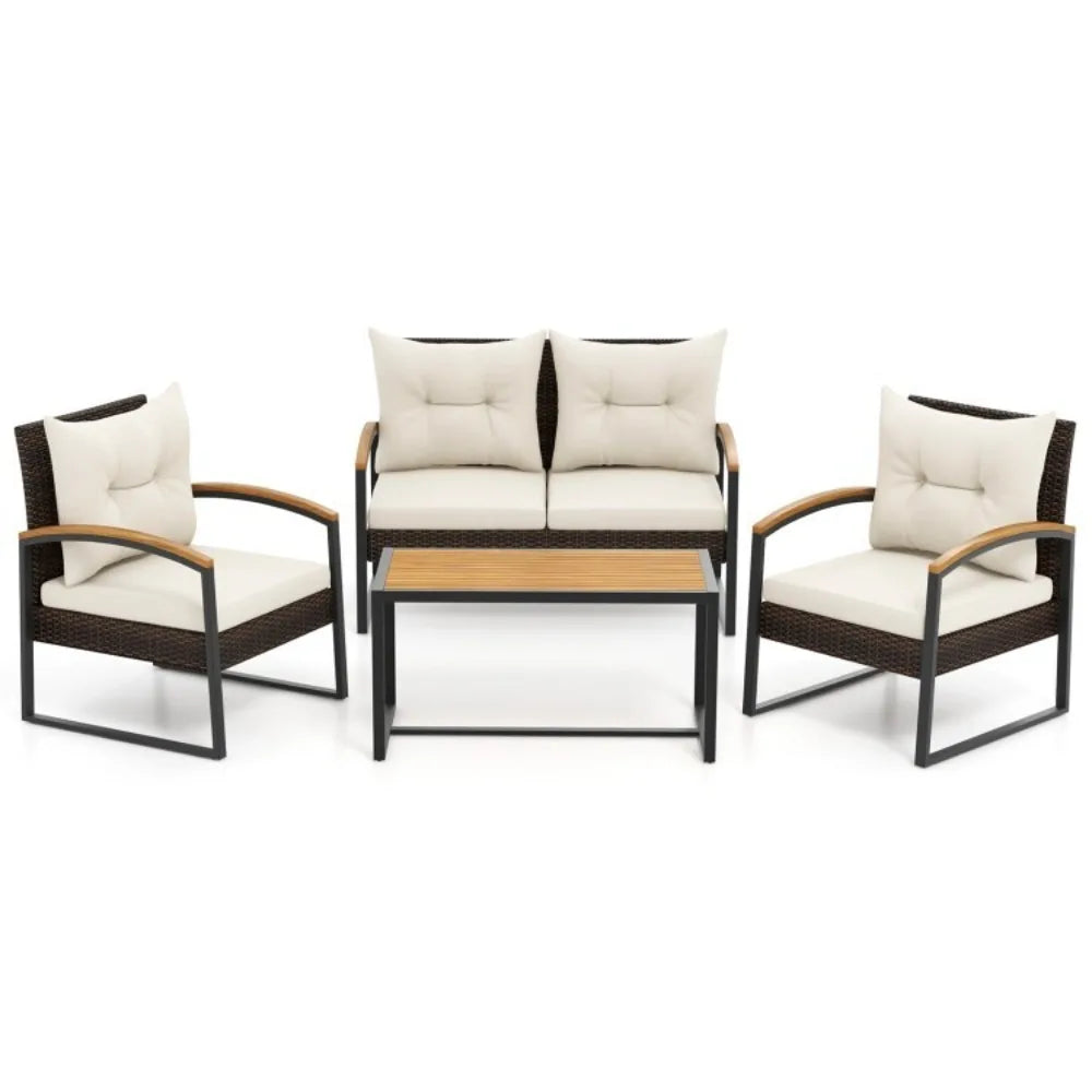 Patio Outdoor Rattan Conversation Sofa Set With Tabletop Cushions