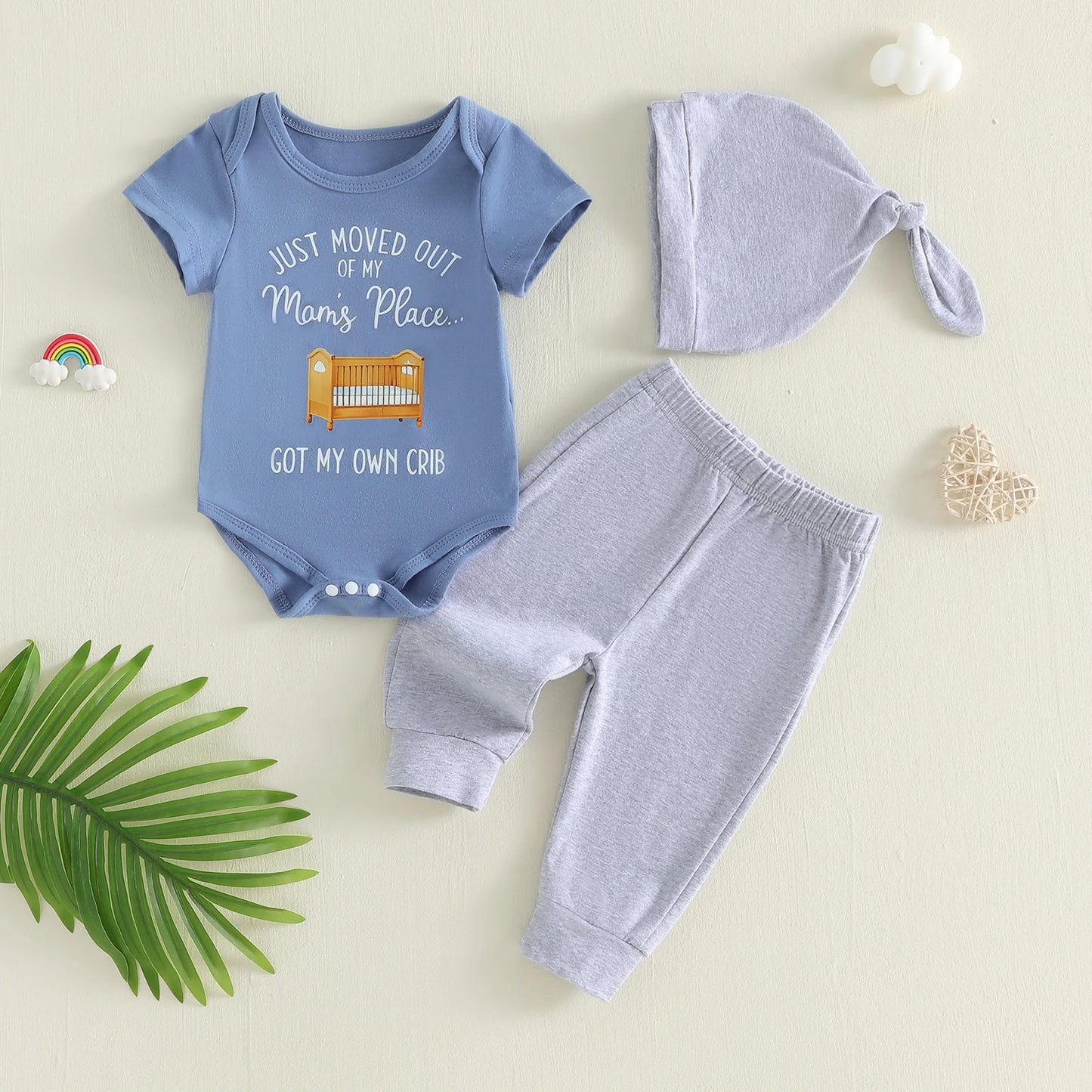 Dinosaur Print Toddler Romper Set With Matching Pants Hat