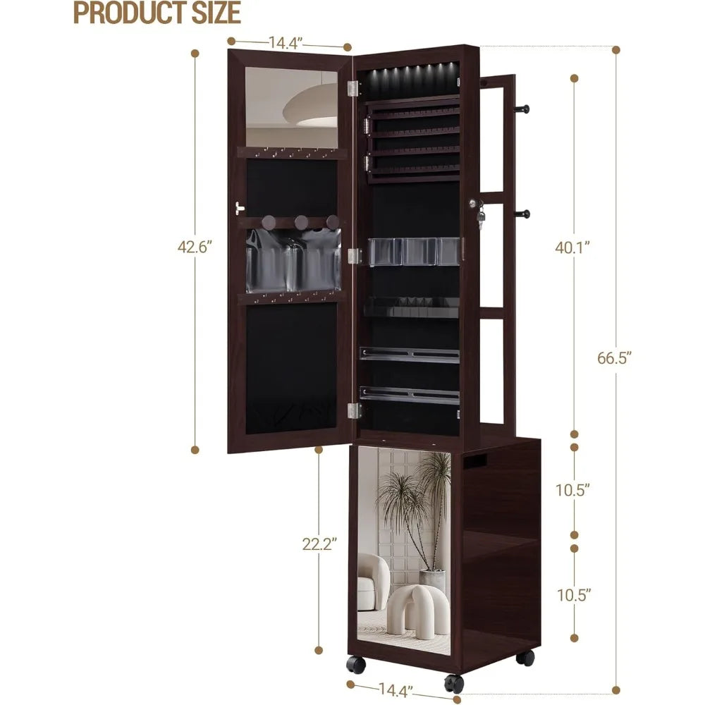 MKDK Jewelry Cabinet Armoire with Lockable LED Mirror and Wheels