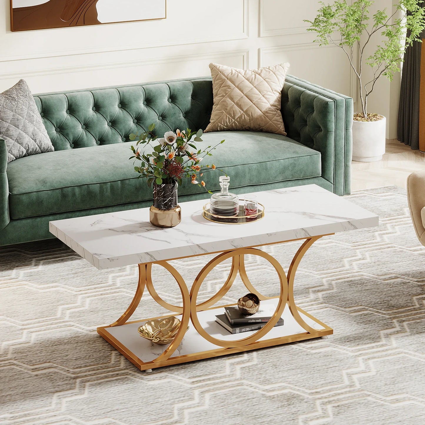 Tribesigns Rectangle Coffee Table 2-Tier Faux Marble Wood