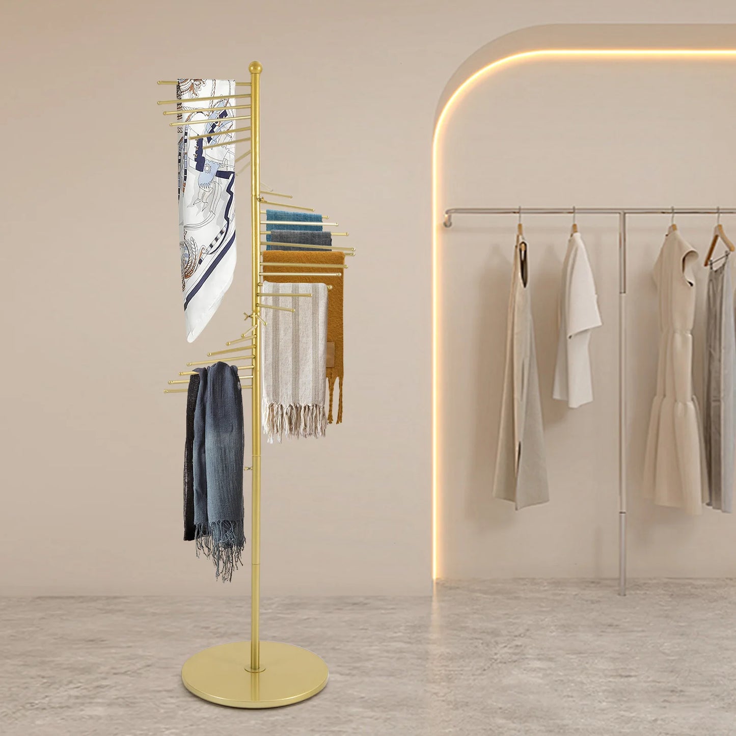 67" Freestanding Scarf Organizer, Metal Spiral Scarf Holder with 30 Rods, Commercial Hijab Organizer for Clothing Store Home