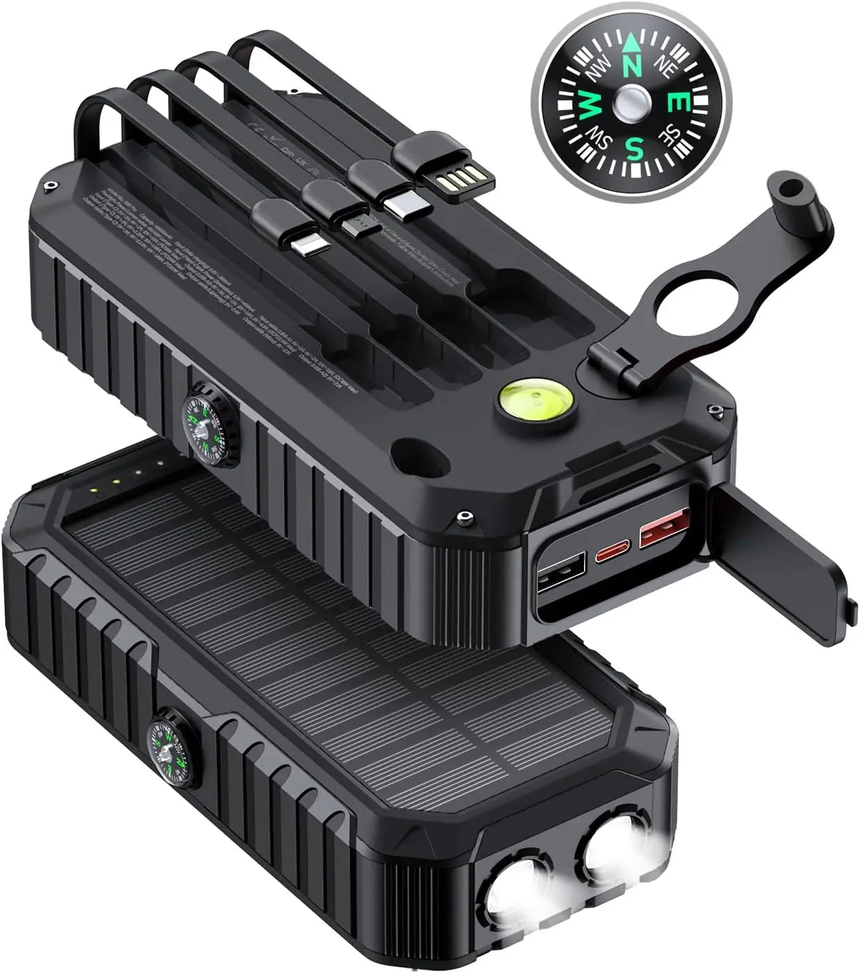 Solar Hand Crank Power Bank With Built Cables And Flashlight