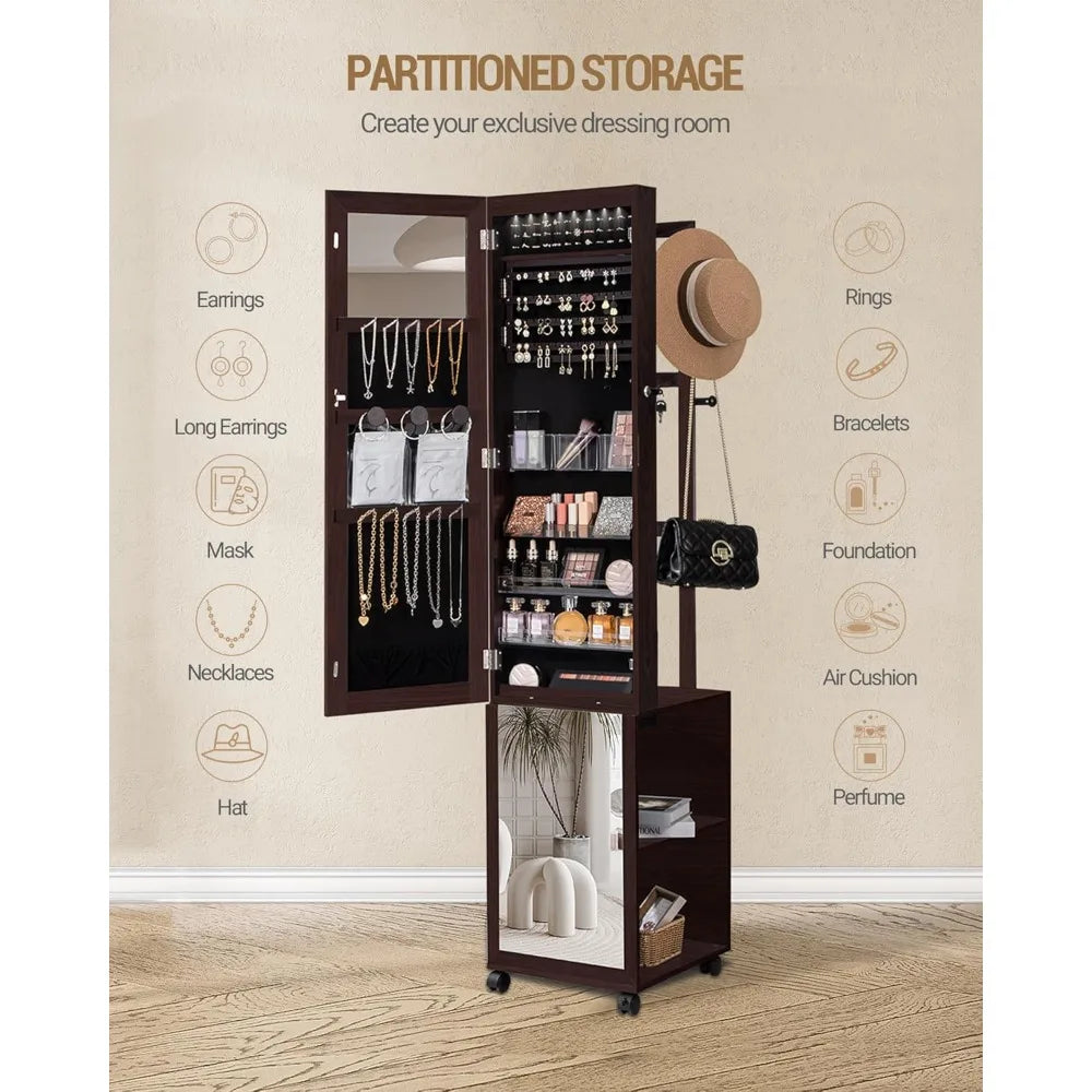 MKDK Jewelry Cabinet Armoire with Lockable LED Mirror and Wheels