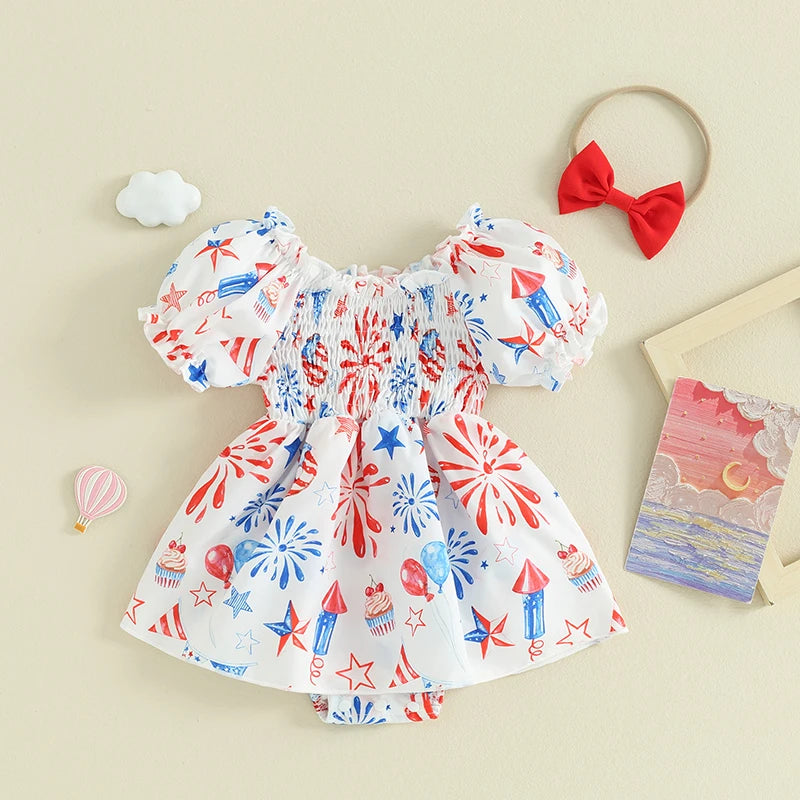 Independence Day Baby Romper Dress With Star Print And Balloon Design