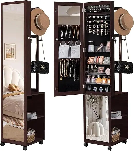 MKDK Jewelry Cabinet Armoire with Lockable LED Mirror and Wheels