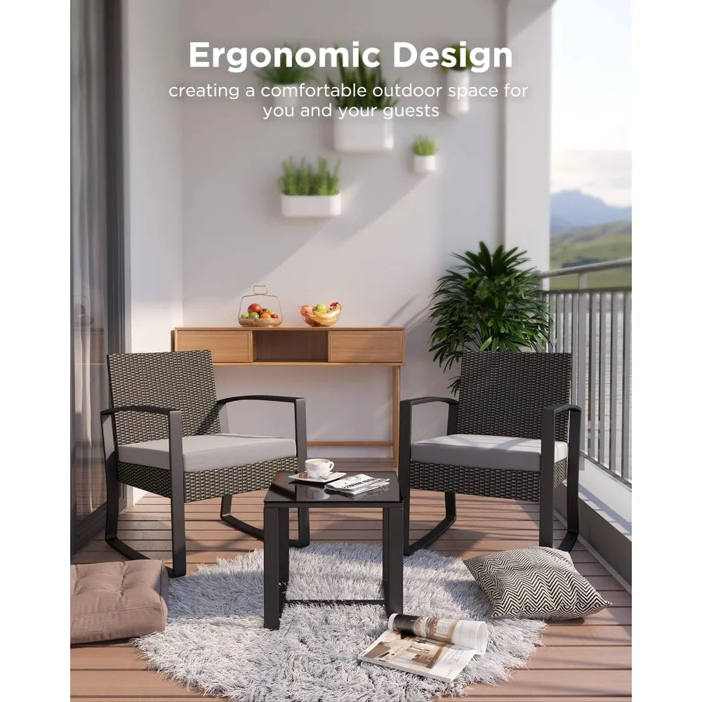 Three Piece Outdoor Rattan Rocking Bistro Set With Coffee Table