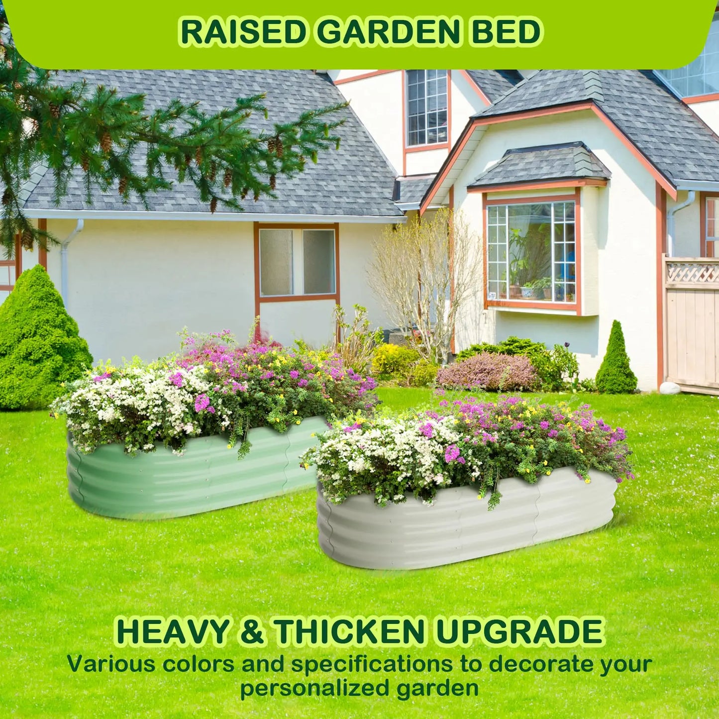 HiMISS Oval Galvanized Steel Raised Garden Bed Planter Box