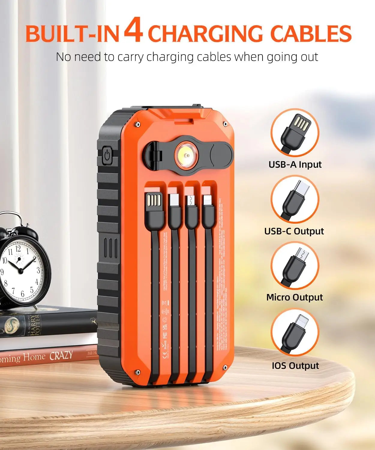 Solar Hand Crank Power Bank With Built Cables And Flashlight