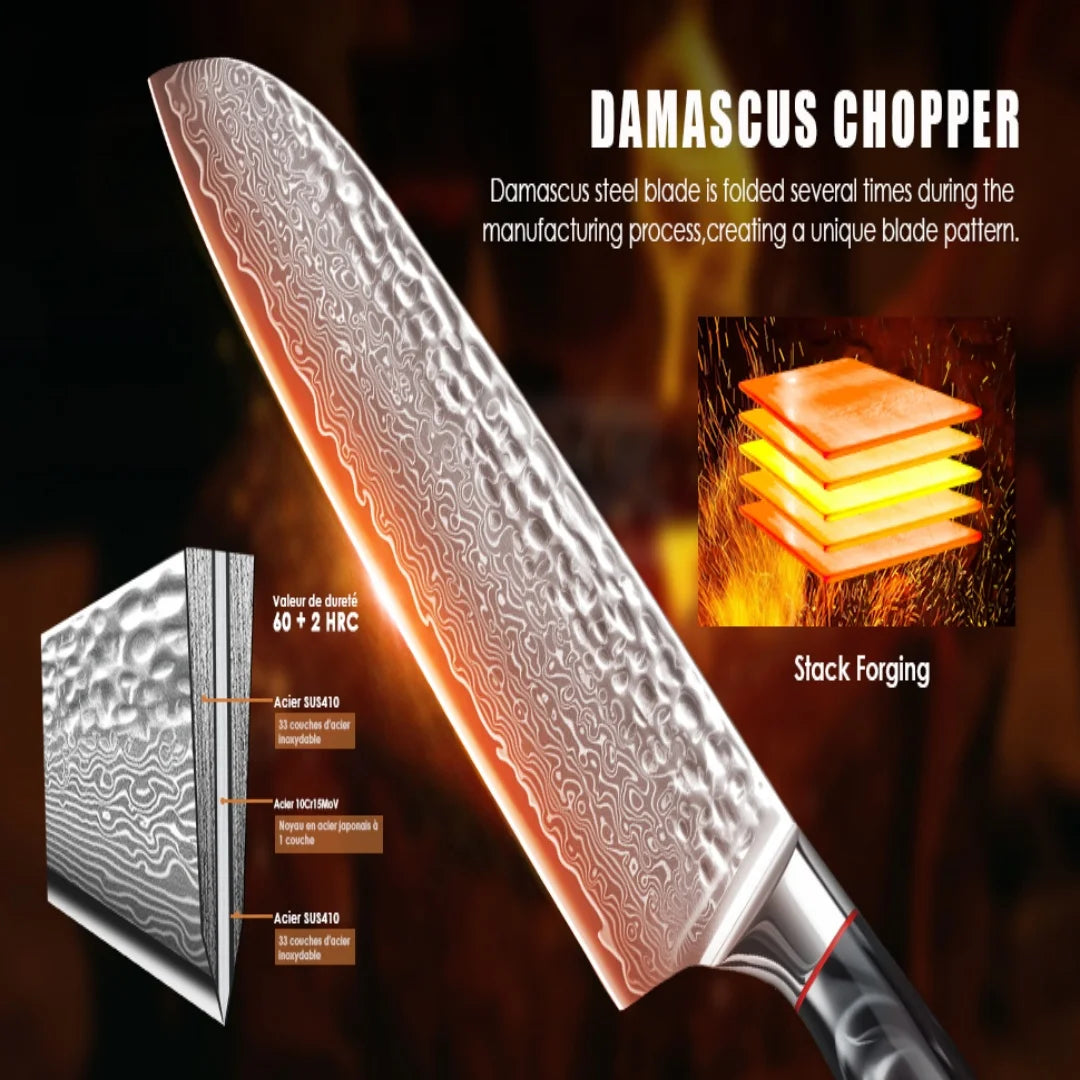 Woodpow Damascus Santoku Knife With G10 Handle For Kitchen Prep