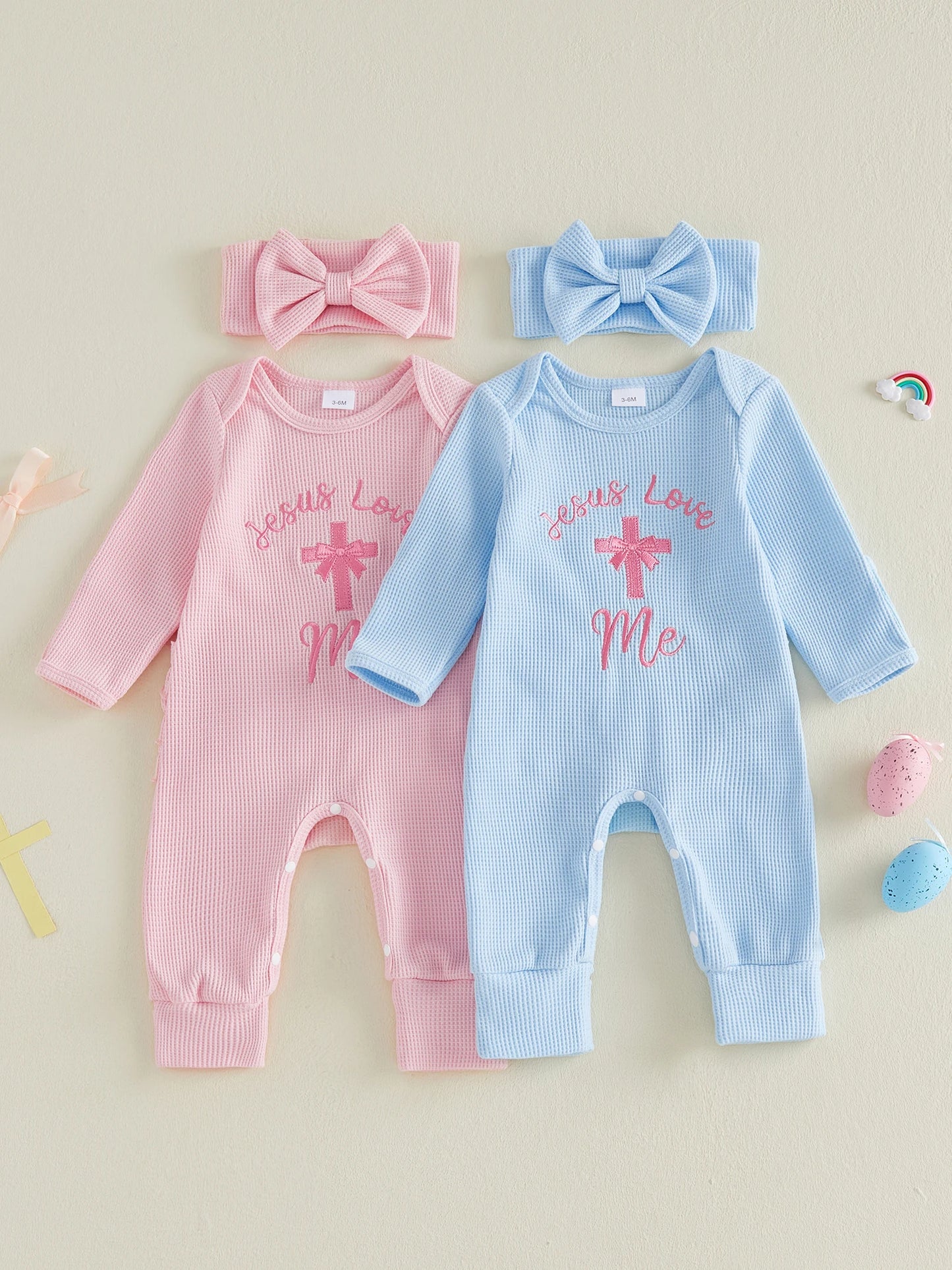 Baby Girls Easter Romper With Bunny Embroidery And Bow Headband